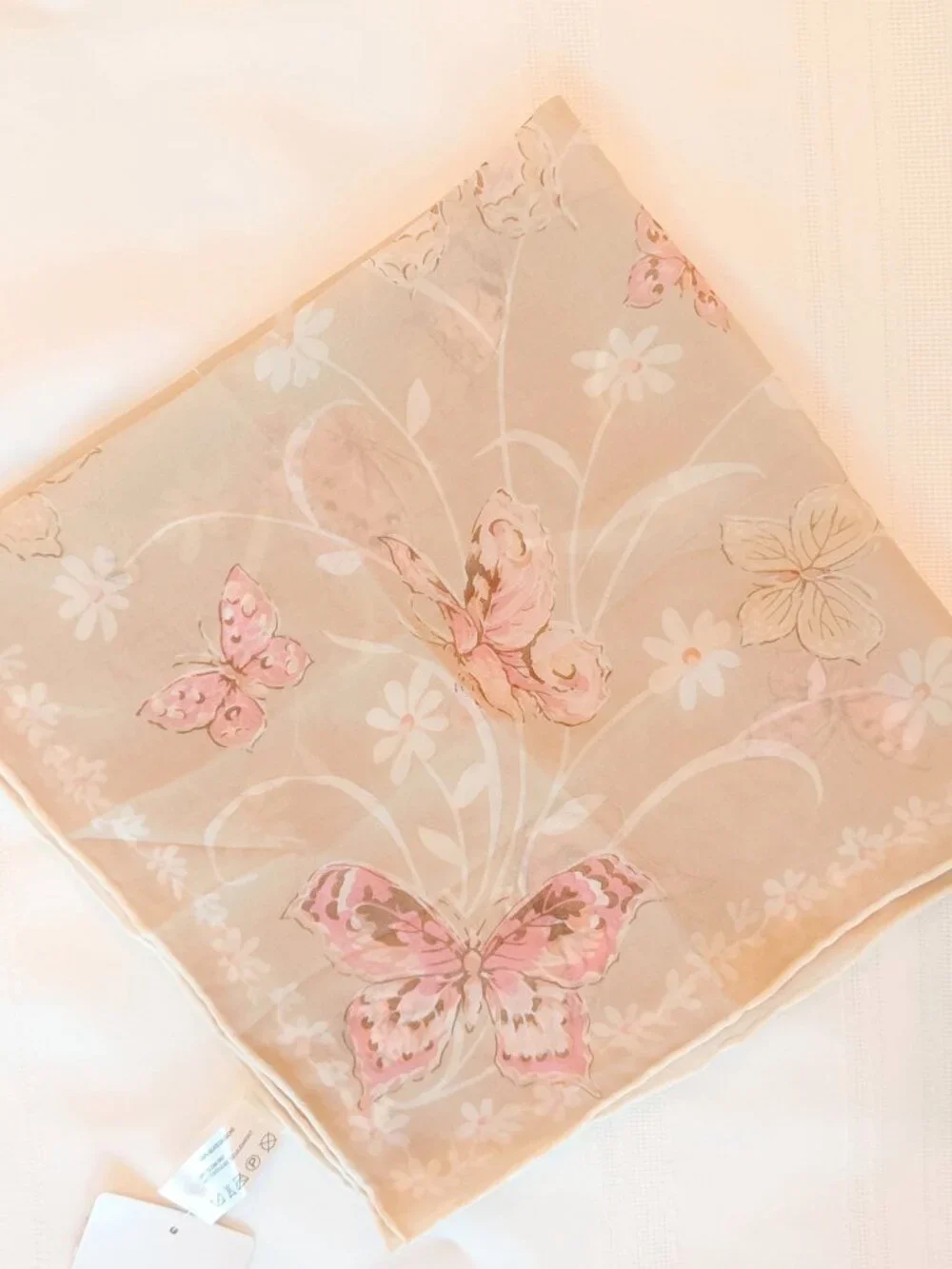 Vintage Liz Claiborne Scarf Women 20x20 Pastel Beige Pink Butterflies Sheer NEW